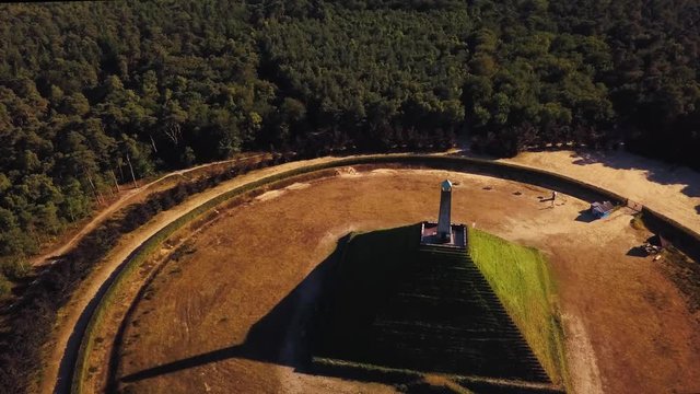 Aerial drone view of Austerlitz pyramid, Utrecht, The Netherlands. A historic French monument for  Napoleon Bonaparte. Side view tracking out.