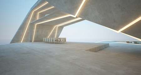 Abstract architectural concrete interior of a modern villa on the sea with swimming pool and neon lighting. 3D illustration and rendering.