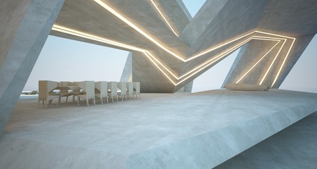 Abstract architectural concrete interior of a modern villa on the sea with swimming pool and neon lighting. 3D illustration and rendering.