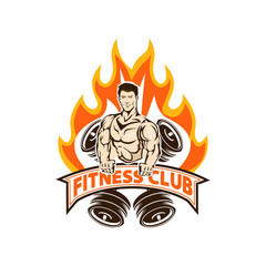 Fitness logo badge with muscle man, Gymnastic logo template vector, Body Build logo badge
