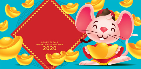 Chinese New Year 2020. Cute rat mice holding gold ingot with large amount of gold ingots falling down with huge empty spring couplets on blue background. - vector banner