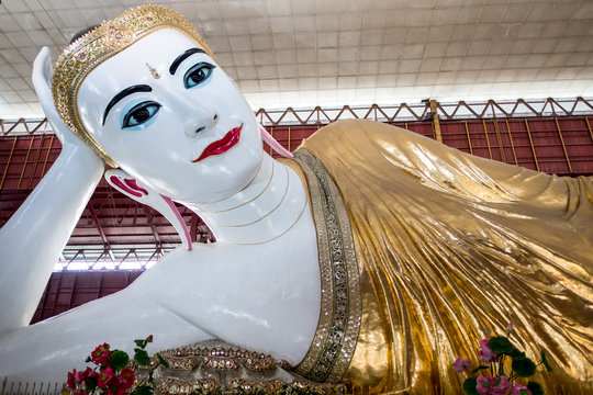 Beautiful Reclining Buddha Chauk htat gyi. Buddha Temple in Yangon, Myanmar,