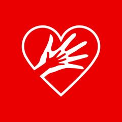 Two Hands in the Red Heart Icon as Orphan Children Adoption Metaphor on Red Background. Great an Illustration or Logo for Child Adoption or Medical or kids Health Care Charity Agency