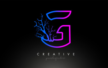 Tree Letter G Design Logo with Purple Blue Tree Branch. G Letter Tree Icon Logo