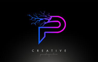 Tree Letter P Design Logo with Purple Blue Tree Branch. P Letter Tree Icon Logo - obrazy, fototapety, plakaty