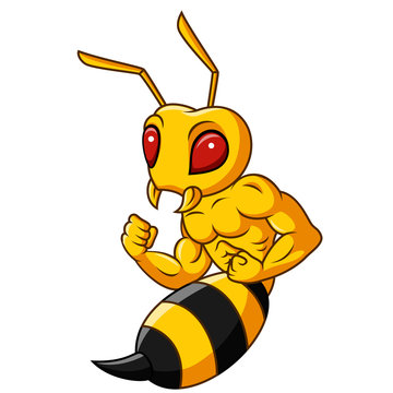 Cartoon muscular hornet mascot isolated on white background