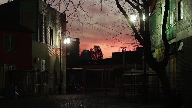 Caminito, in Buenos Aires, Argentina, at Sunset. 