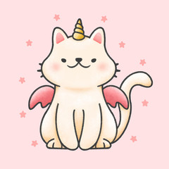 Cute cat unicorn cartoon hand drawn style