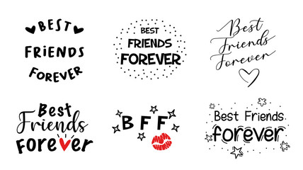 Best friends forever phrase in the set of 6 different styles of lettering and decoration in cute and girly concept. Black, white and red color. Vector illustration. Flat design