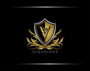 Golden V Luxury Shield Logo Design