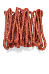 long and thin sausages kabanos on white background, isolated