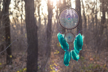 Handmade dream catcher with feathers threads and beads rope hanging