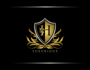 Golden H Luxury Shield Logo Design