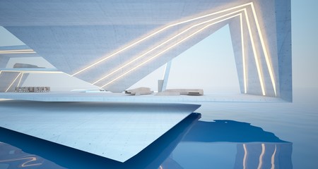 Abstract architectural concrete, wood and glass interior of a modern villa on the sea with swimming pool and neon lighting. 3D illustration and rendering.