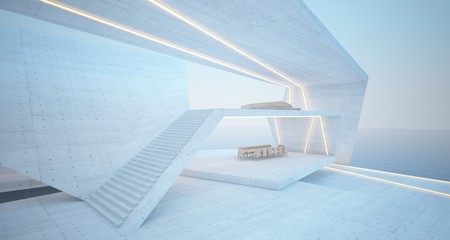 Abstract architectural concrete, wood and glass interior of a modern villa on the sea with swimming pool and neon lighting. 3D illustration and rendering.