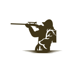 The hunter's black silhouette, Shooter with rifle, hunter club, deer hunting symbol icon