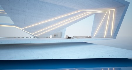 Fototapeta premium Abstract architectural concrete, wood and glass interior of a modern villa on the sea with swimming pool and neon lighting. 3D illustration and rendering.