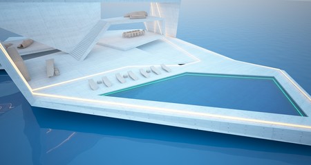 Abstract architectural concrete, wood and glass interior of a modern villa on the sea with swimming pool and neon lighting. 3D illustration and rendering.