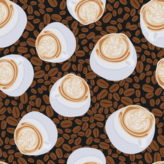 Scattered coffee beans cappuccino cups seamless black background