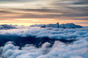 sea of fog in front of Mount Stockhorn at a winter sunset