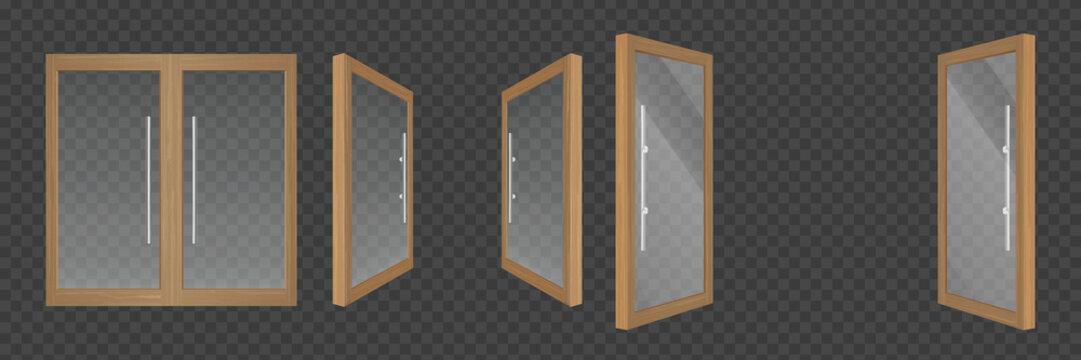 Clear glass doors, window with wooden frame isolated on transparent background. Vector realistic set of open and closed double doors with metal handles. Wide entrance front and back view