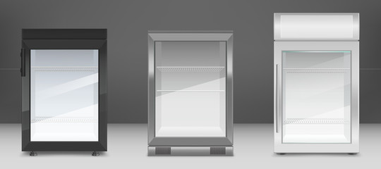 Empty mini refrigerator with transparent glass door. Vector black, gray and white fridges for drink or fresh food in supermarket or kitchen. Modern coolers with shelves and handle in front view - obrazy, fototapety, plakaty