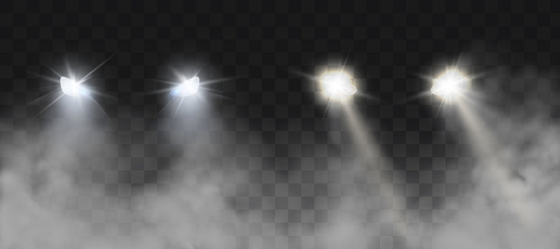 Car Headlights Shining On Road In Fog At Night. Vector Realistic Set Of Front Triangle Lamps Flares And Glow Beams In Darkness With Smoke Isolated On Transparent Background