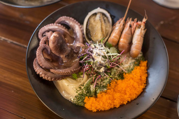 Cream Spaghetti(pasta) with Octopus, Shrimp, abalone