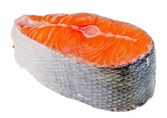 Thick and fresh scaleless salmon steak isolated macro