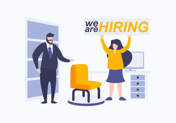 We are hiring vector. Concept of Head hunters. Finding new staff metaphor. Vacant place in an office. Workplace with a computer in the office. Flat illustration with businessman and woman as secretary