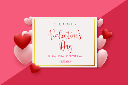 Valentine's Day sale background with pink and red shaped hearts balloons. Vector illustration for greeting cards, wallpaper, flyers, invitation, posters, brochure, voucher, banners