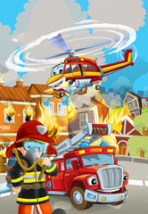 cartoon scene with fireman car vehicle near burning building - illustration for children