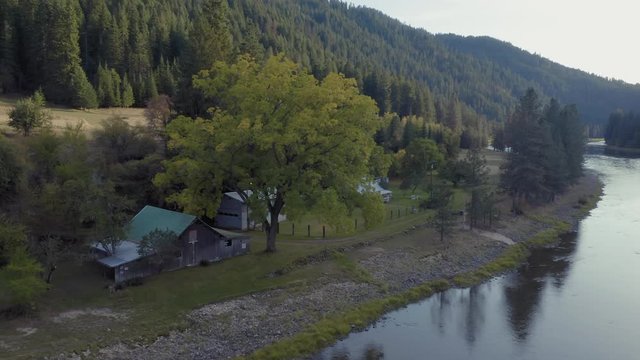 Aerial: Farm and barn along the Lochsa river in a forest.  Nez Perce Clearwater National Forests, Idaho, USA. 6 October 2019