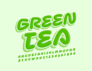 Vector stylish Emblem Green Tea. Trendy Alphabet Letters and Numbers. Green 3D Font.