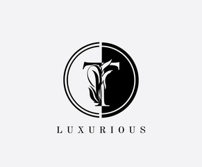 Circle T Letter Floral Logo. Luxury T Swirl Circle Logo Icon