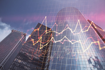 Forex chart on cityscape with skyscrapers wallpaper multi exposure. Financial research concept.