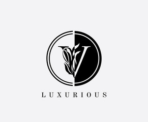 Circle V Letter Floral Logo. Luxury V Swirl Circle Logo Icon