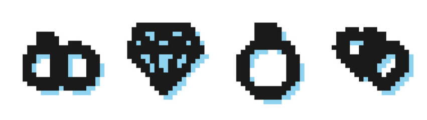 Set line Diamond engagement ring, Wedding rings, Diamond and Two Linked Hearts icon. Vector