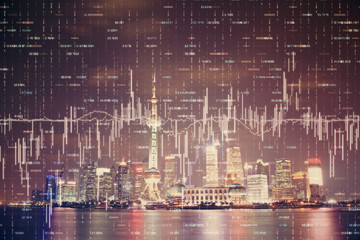 Fototapeta premium Financial graph on night city scape with tall buildings background multi exposure. Analysis concept.