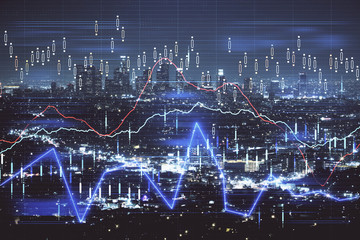 Financial graph on night city scape with tall buildings background multi exposure. Analysis concept.