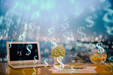 Forex graph hologram on table with computer background. Double exposure. Concept of financial markets.
