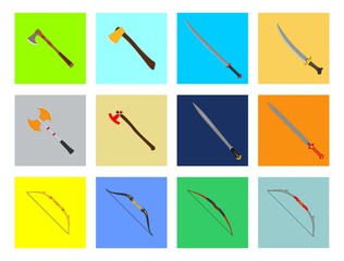 Axes , bow , sword bundle set in flat vector style. Cartoon, cute, flat, color full, editable. For game, poster, children book.