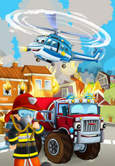 cartoon scene with fireman car vehicle near burning building - illustration for children