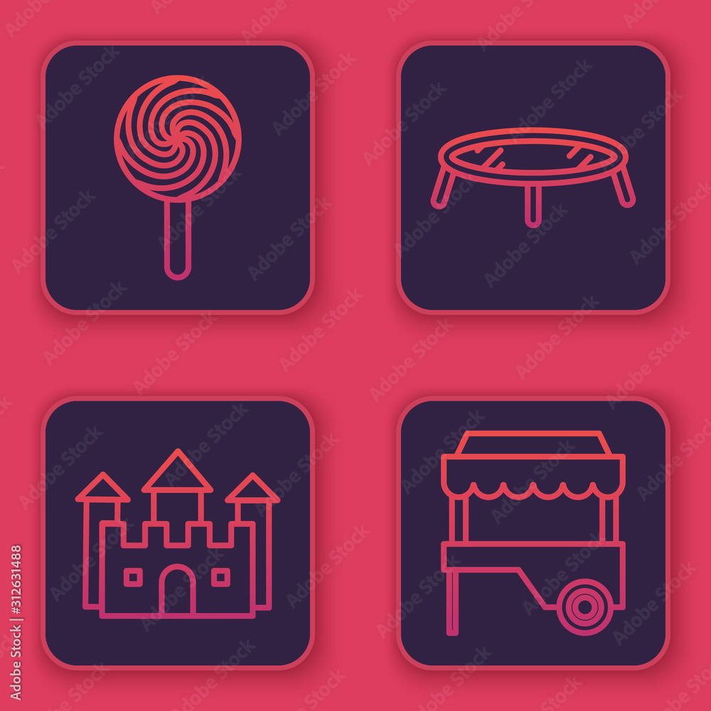 Sticker Set line Lollipop, Castle, Jumping trampoline and Fast street food cart with awning. Blue square button. Vector