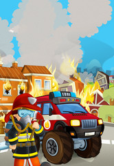 cartoon scene with fireman car vehicle near burning building - illustration for children