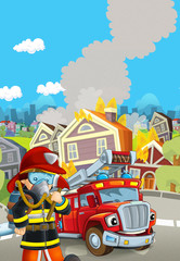 Obraz na płótnie Canvas cartoon scene with fireman car vehicle near burning building - illustration for children