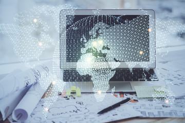 Multi exposure of business theme icons and work space with computer background. Concept of success.