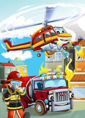 cartoon scene with different fire fighter machines helicopter and fire brigade truck illustration for children