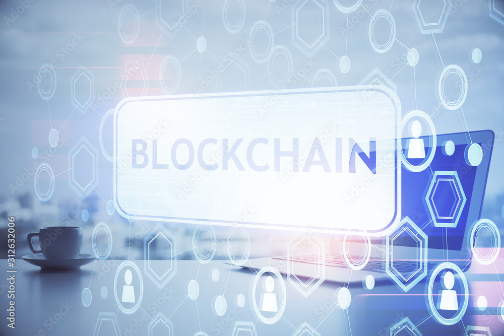 Poster Double exposure of blockchain theme hologram and table with computer background. Concept of bitcoin crypto currency.