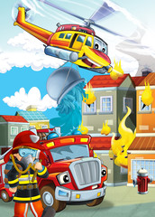 Obraz na płótnie Canvas cartoon stage with different machines for firefighting helicopter and fire truck colorful scene illustration for children